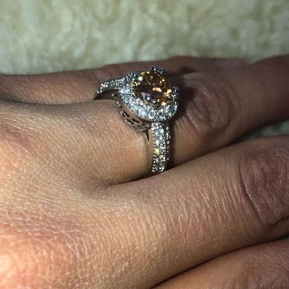 SILVER Tone Simulated Morganite Halo Ring w Filigree Setting Sturdy Costume 7.5 - Picture 5 of 6